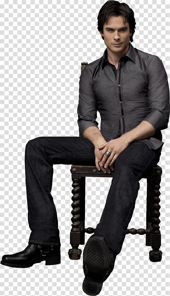 Vampire Diaries , man wearing grey dress shirt and black dress pants sitting on chair transparent background PNG clipart