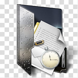 Dark  Folder Icon , Documents, black folder with pocket watch and paper transparent background PNG clipart