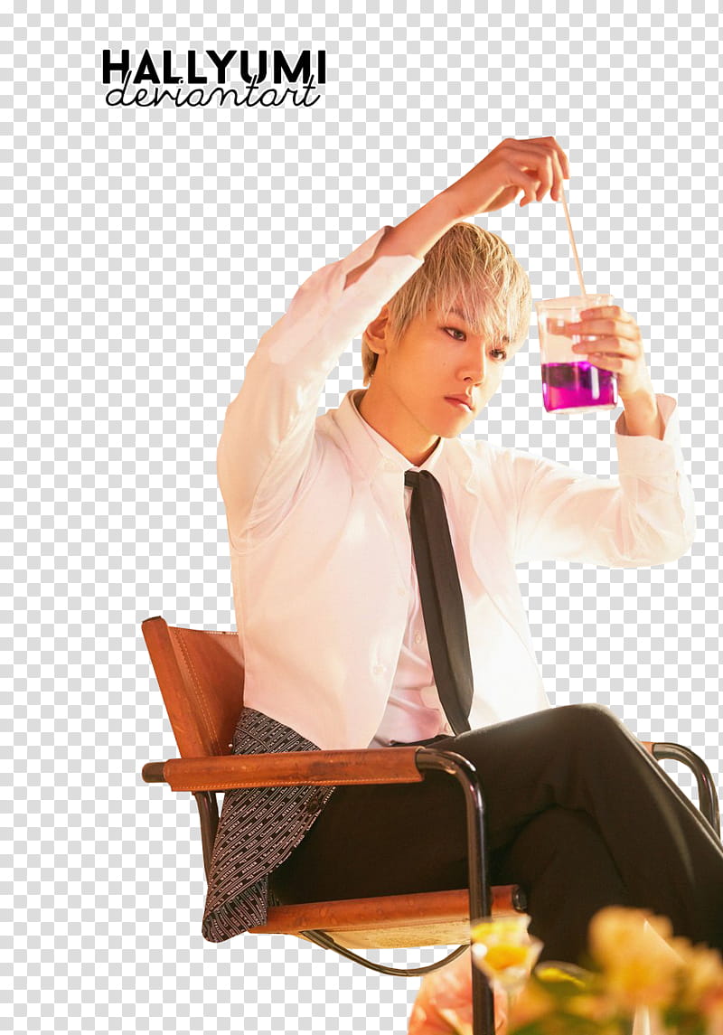 Baekhyun Blooming Days, man sitting on black metal framed chair transparent background PNG clipart