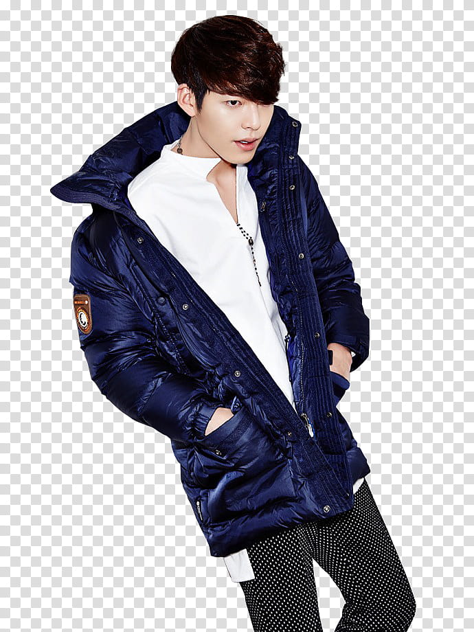 Kim Woobin and Lee Jong Suk render , man wearing blue parka jacket while two hands in pocket transparent background PNG clipart