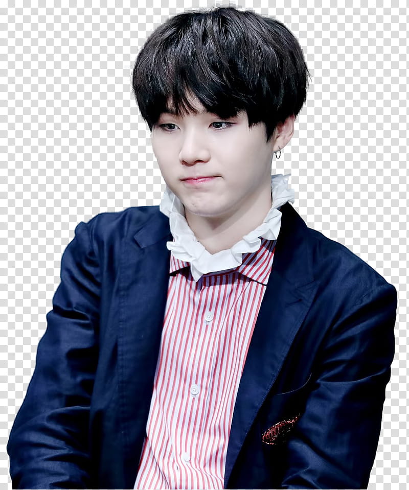 SUGA BTS, man wearing purple blazer and pink striped shirt transparent background PNG clipart