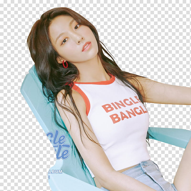 AOA BINGLE BANGLE PART , woman wearing white sleeveless top sitting on teal chair transparent background PNG clipart