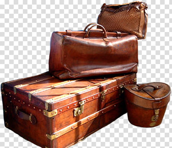 Stacked Luggage, brown leather handbags and suit case transparent background PNG clipart