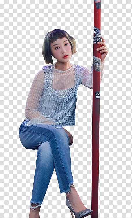 EXID Night Rather Than Day HQ, woman sitting beside pole wearing blue denim jeans transparent background PNG clipart