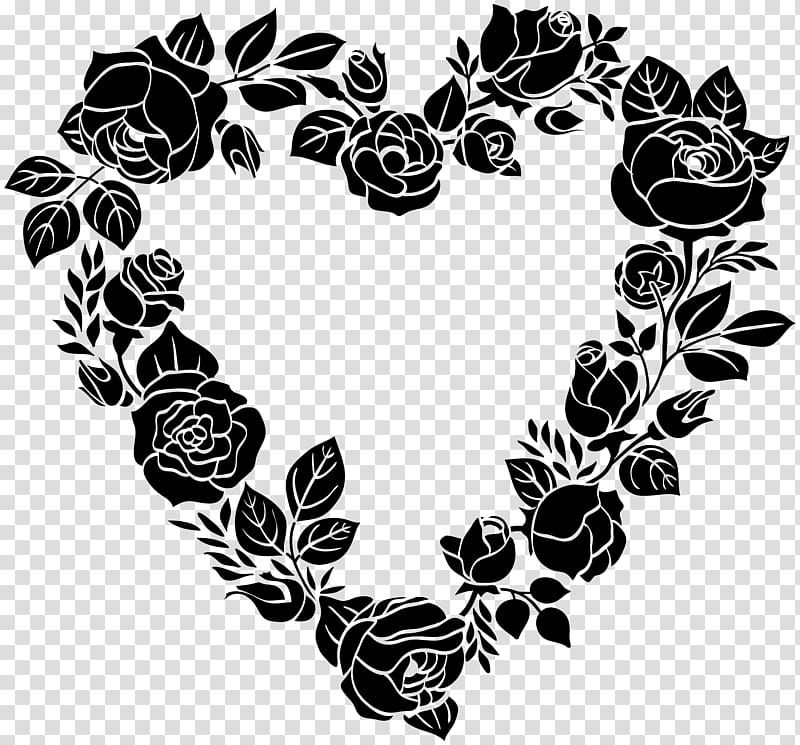 Flower Wreath, Leaf, Heart, Blackandwhite, Plant, Rose, Visual Arts, Ornament transparent background PNG clipart
