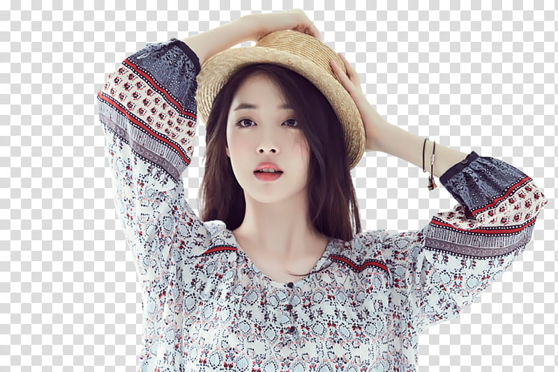Sulli Thursday Island P, woman holding her beige straw hat transparent background PNG clipart