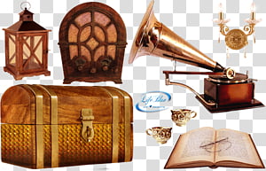 Vintage objects, brass-colored gramophone transparent background PNG clipart thumbnail