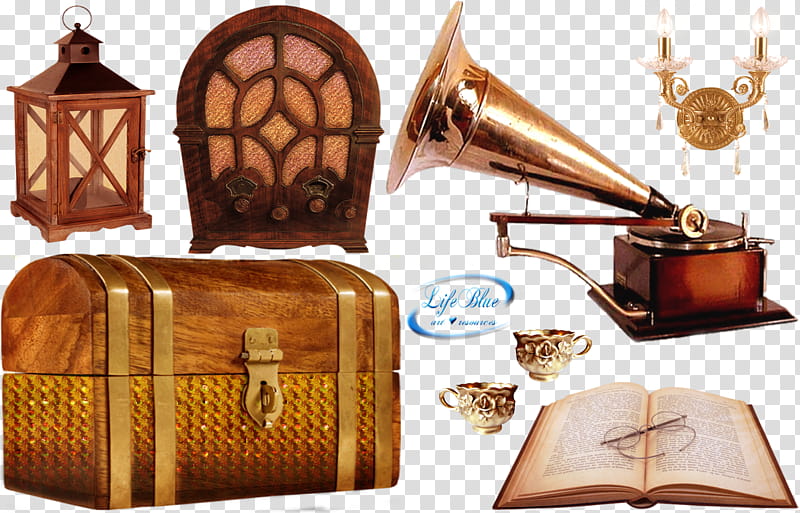 Vintage objects, brass-colored gramophone transparent background PNG clipart