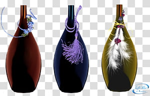Decorative bottles, three assorted-color vases transparent background PNG clipart thumbnail