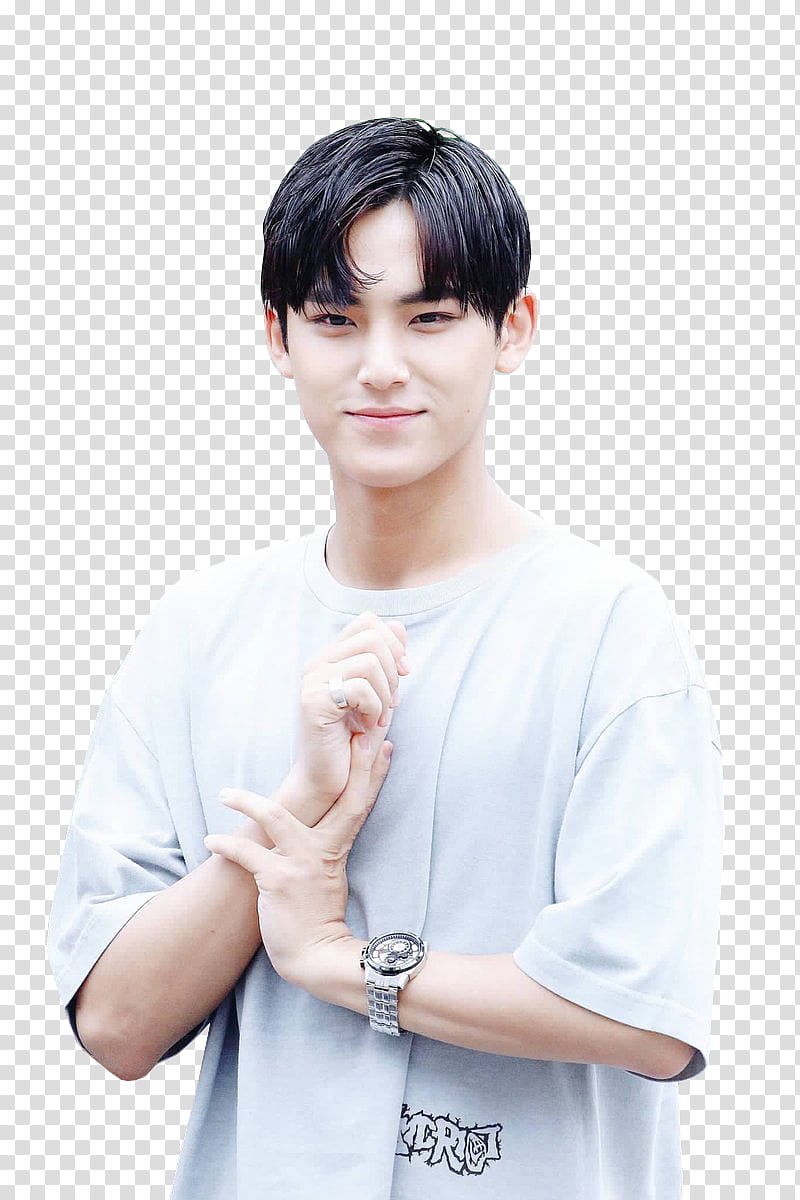 Mingyu  HAPPYMINGYUDAY, smiling man in white crew-neck t-shirt transparent background PNG clipart
