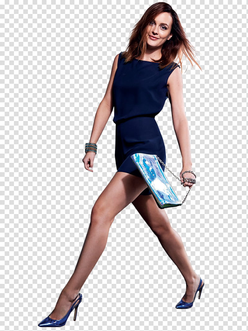 Leighton Meester, woman walking while wearing blue dress transparent background PNG clipart