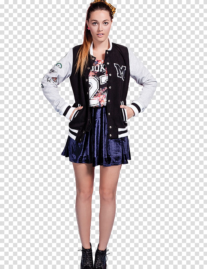 Oriana Sabatini , woman in black-and-white letterman jacket and blue miniskirt transparent background PNG clipart