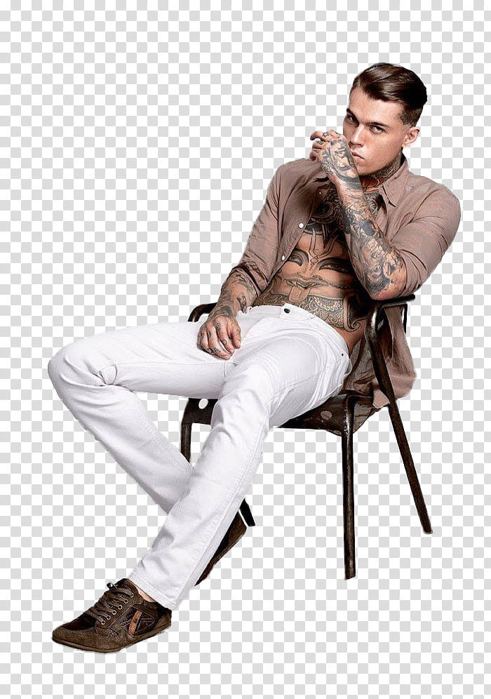 STEPHEN JAMES, man wearing brown collared button-up long-sleeved shirt sitting on chair transparent background PNG clipart