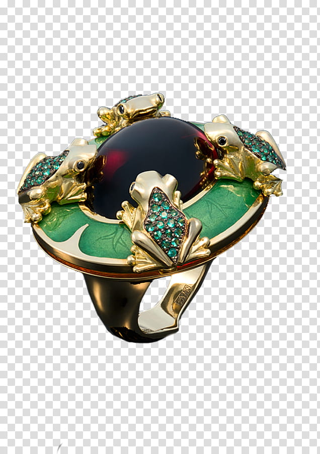 Embellishment in, red and teal jeweled gold-colored and green frog ring transparent background PNG clipart