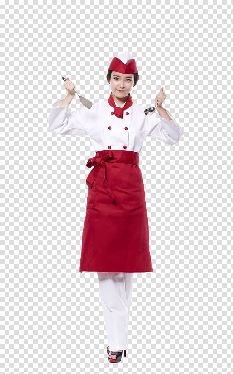 , woman in white button-up shirt and red apron holding spatula transparent background PNG clipart