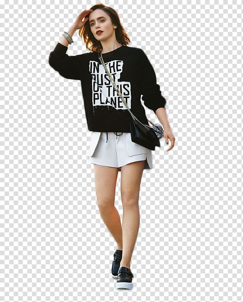 Lily Collins, standing woman wearing black and white long-sleeved shirt and white shorts transparent background PNG clipart