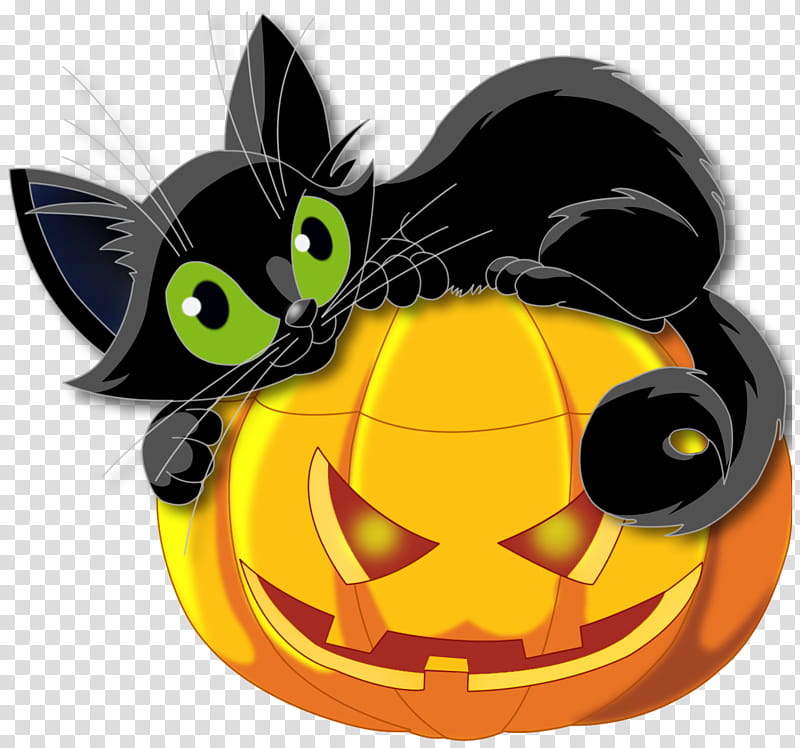 Halloween, black cat on yellow jack-o-lantern illustration transparent background PNG clipart