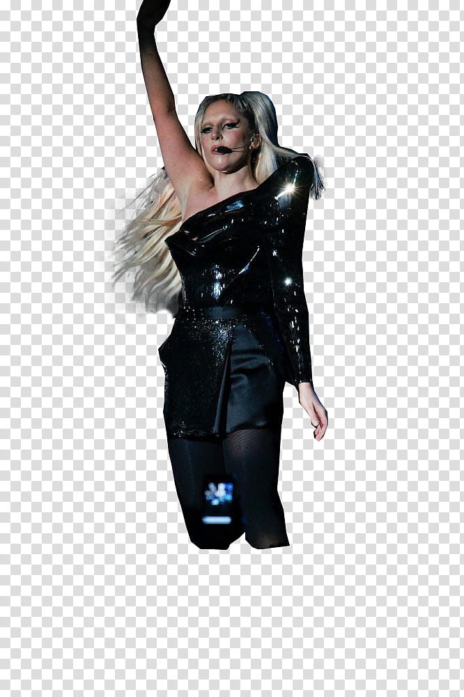 THE BORN THIS WAY BALL TOUR S , Lady Gaga wearing black long-sleeved one-shoulder dress standing while raising right hand transparent background PNG clipart