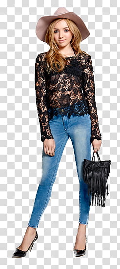 Peyton List, woman wearing cowboy hat, black lace long-sleeved shirt, blue skinny jeans, and holding hand bag transparent background PNG clipart