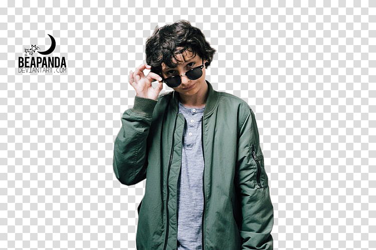 Finn Wolfhard, man wearing green jacket while holding sunglasses using right hand transparent background PNG clipart