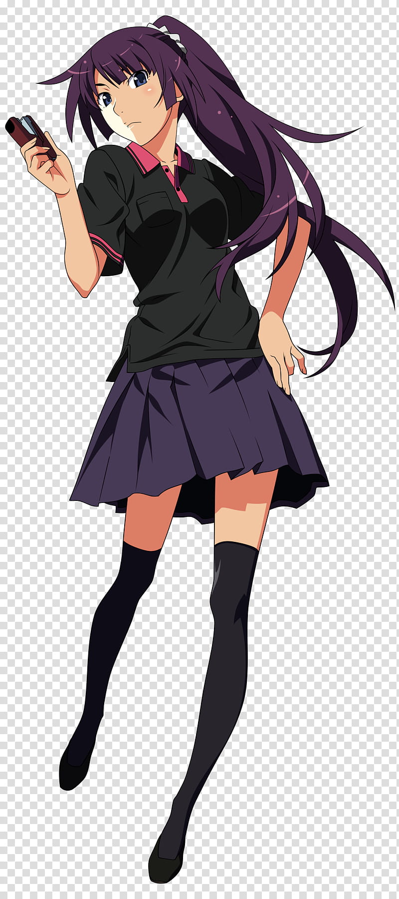 Senjougahara Hitagi, girl anime character in black shirt and purple skirt transparent background PNG clipart