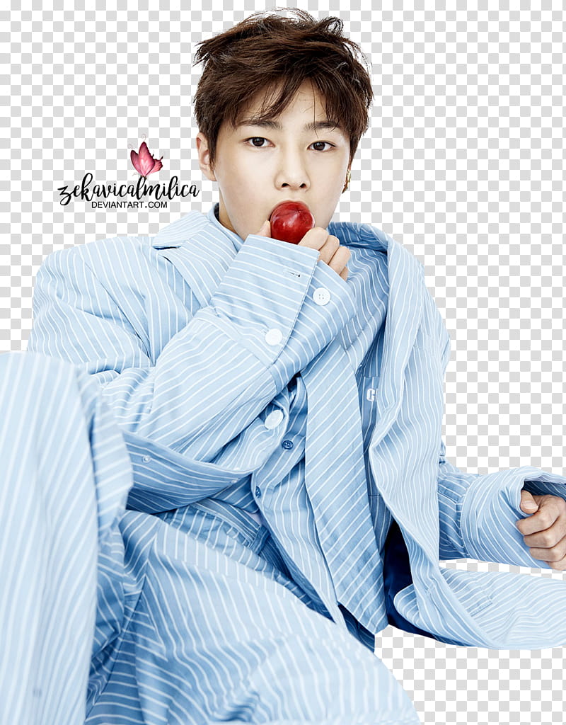 Stray Kids Hyunjin and I N DAZED, man eating red apple fruit transparent background PNG clipart
