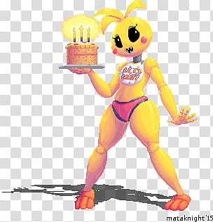 Toy Chica, yellow cartoon character carrying a cake transparent background PNG clipart