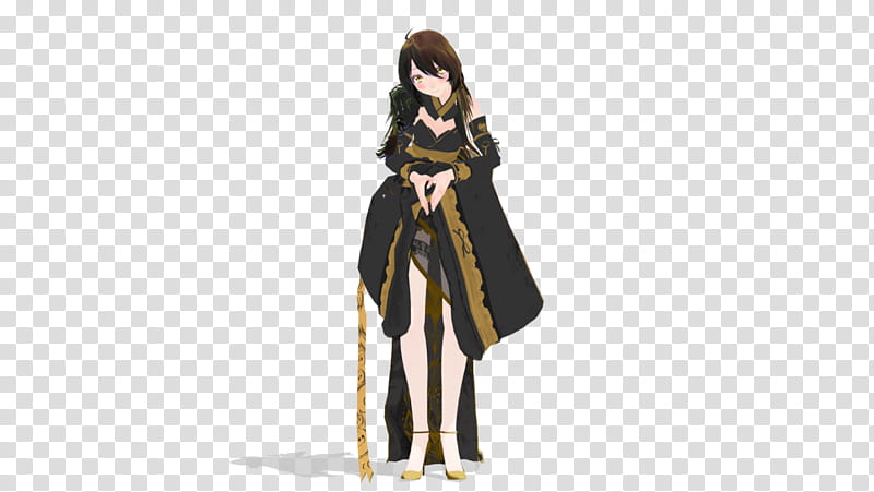 Kimono Gold MMD DL, black-haired female anime character transparent background PNG clipart