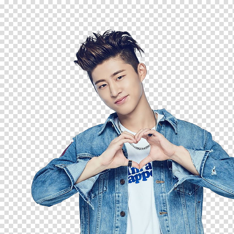 iKON PEPSI P, man wearing blue denim jacket making heart hand sign transparent background PNG clipart