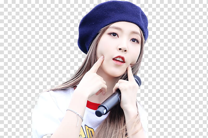 RENDER  S MOONBYUL MAMAMOO, girl wearing blue beret hat holding mic transparent background PNG clipart