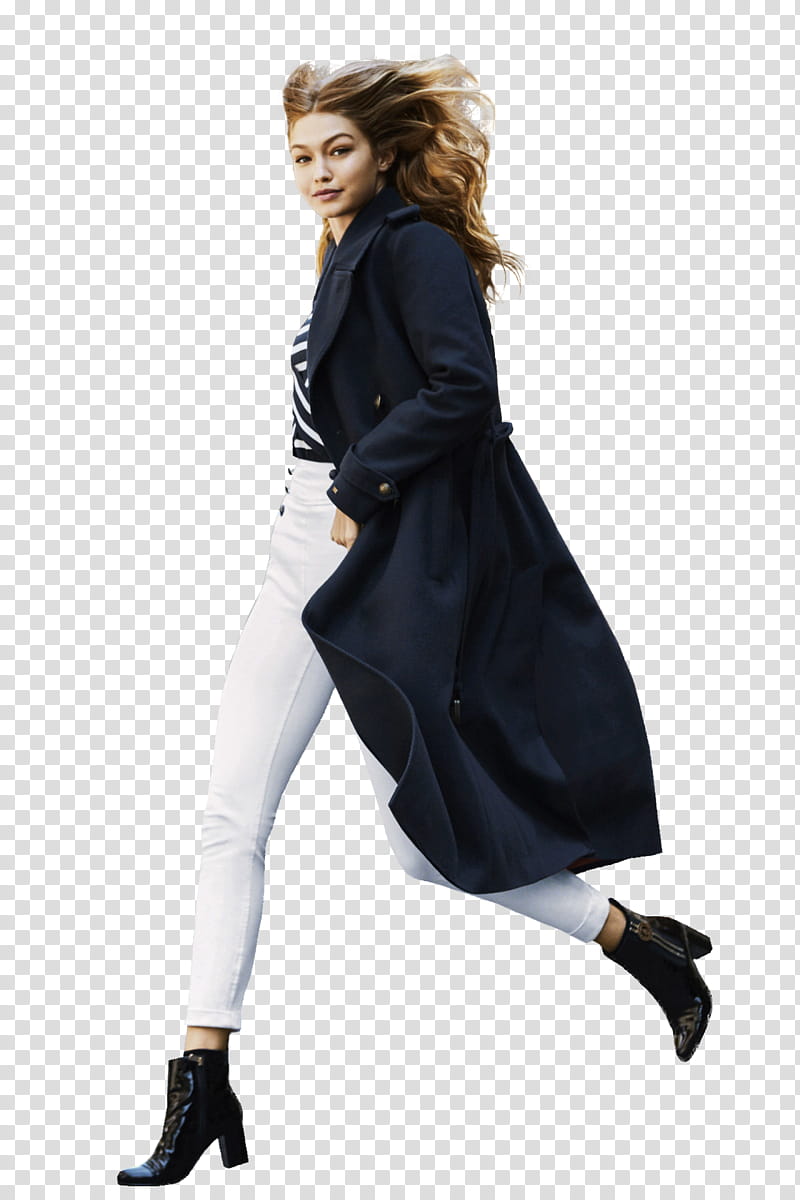 Gigi Hadid, woman in black trench coat jumping transparent background PNG clipart