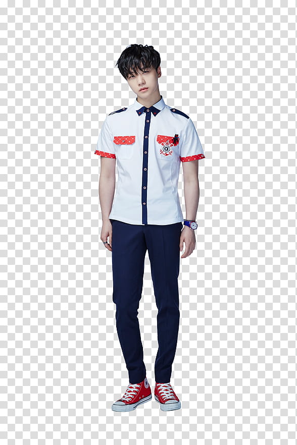 iKON Smart P, standing man in white, blue, and red button-up collared shirt transparent background PNG clipart