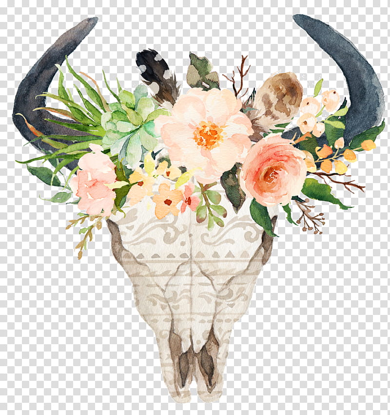 Flower Art Watercolor, Cattle, Skull, Horn, Tshirt, Floral Design, Clothing, Watercolor Painting transparent background PNG clipart