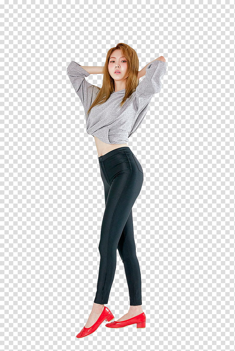 CHAE EUN, woman in gray t-shirt and black tight jeans transparent background PNG clipart