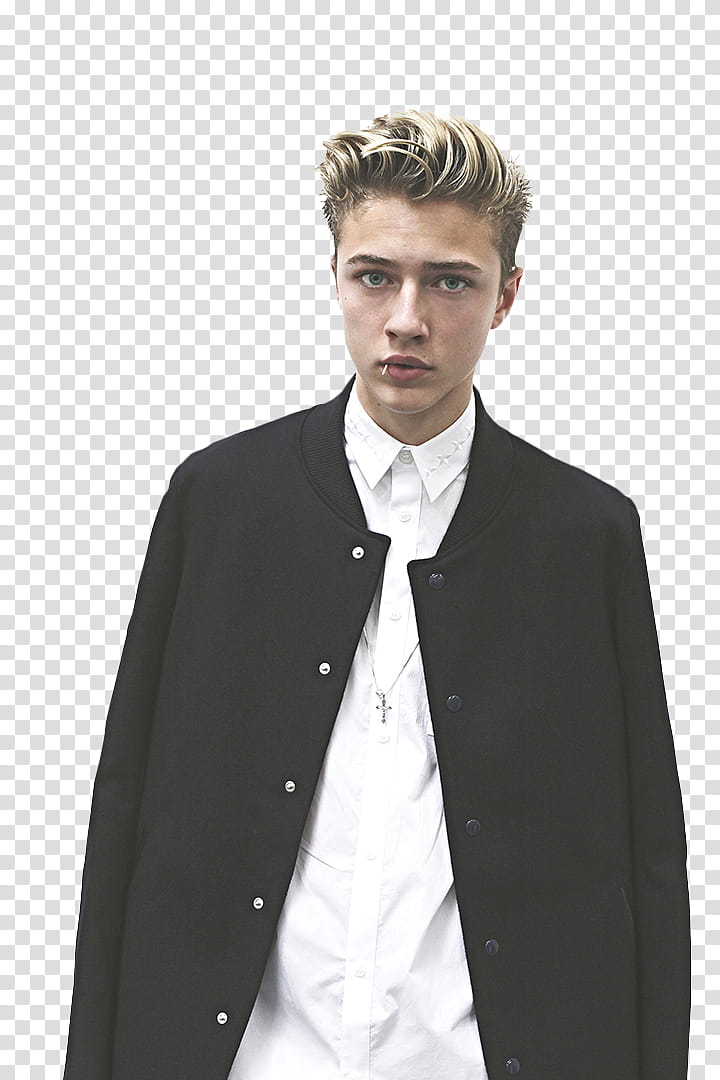 Lucky Blue Smith, man wearing black button-up bomber jacket transparent background PNG clipart