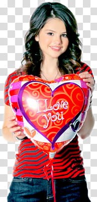 Selena Gomez, Selena Gomez holding red and white heart balloon transparent background PNG clipart