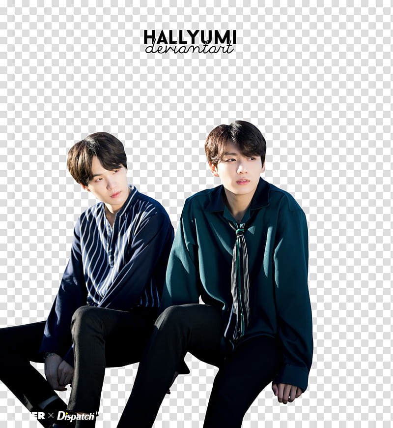 JungKook and Suga BTS TH ANNIVERSARY, two sitting men wearing long-sleeved shirt with hallyumi text transparent background PNG clipart