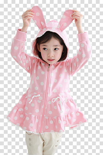RENDER Ulzzang Kid, girl wearing pink and white polka-dots bunny hoodie transparent background PNG clipart