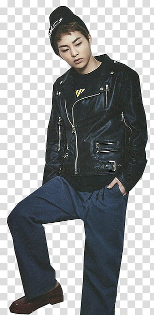 EXO PART TWO  S, men's black leather jacket transparent background PNG clipart