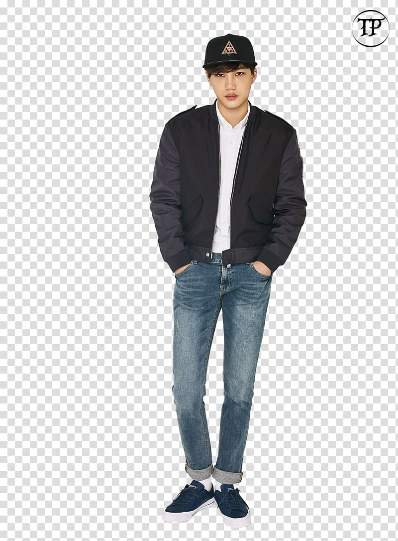 EXO, man wearing black zip-up jacket and blue jeans transparent background PNG clipart