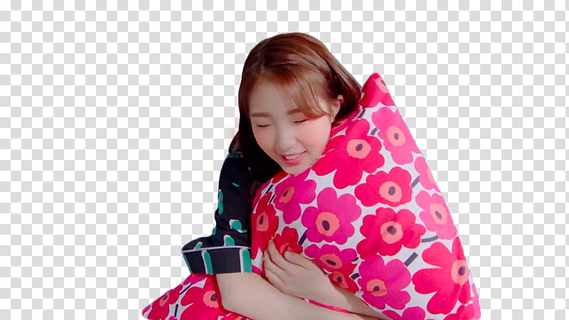 YEOJIN KISS LATER LOONA, smiling woman hugging pink pillow transparent background PNG clipart