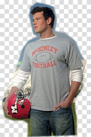 Glee , Finn Hudson wearing gray and red crew-neck t-shirt holding helmet while standing transparent background PNG clipart