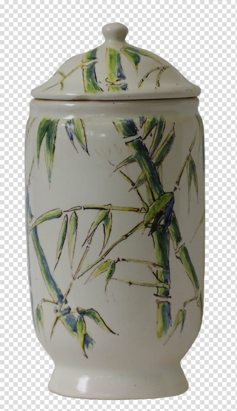 Green bamboos apothecary pot, white and green ceramic lidded jar transparent background PNG clipart