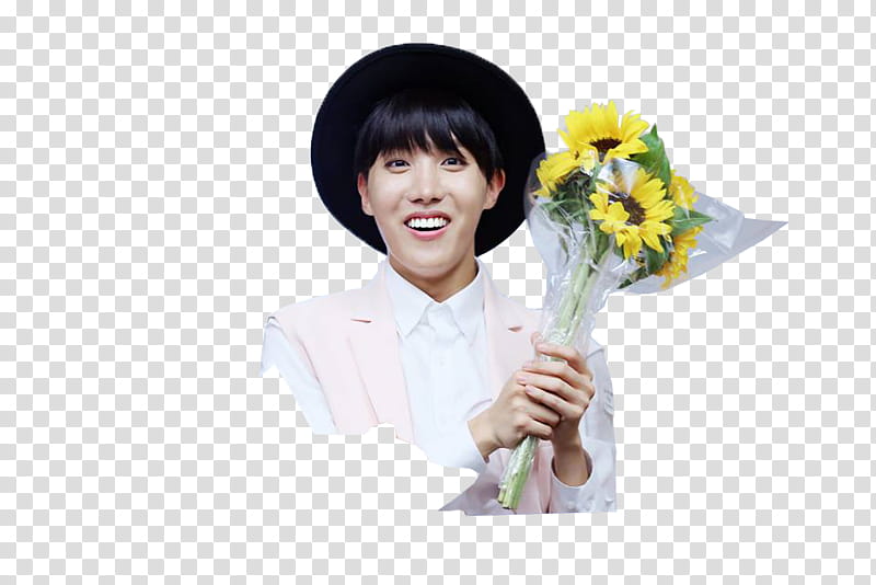 JHOPE BTS, man holding bouquet of yellow sunflower transparent background PNG clipart