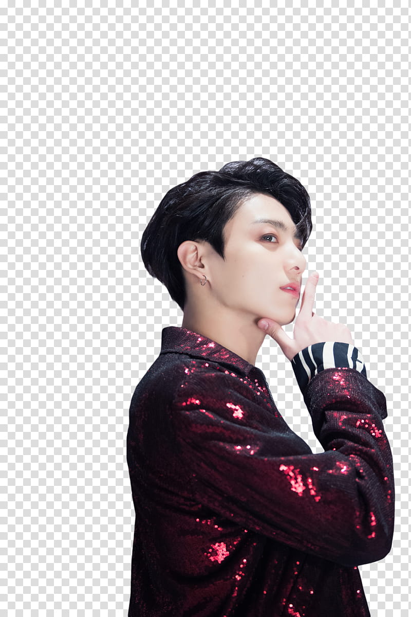 Jungkook BTS, man black haired wearing red coat transparent background PNG clipart
