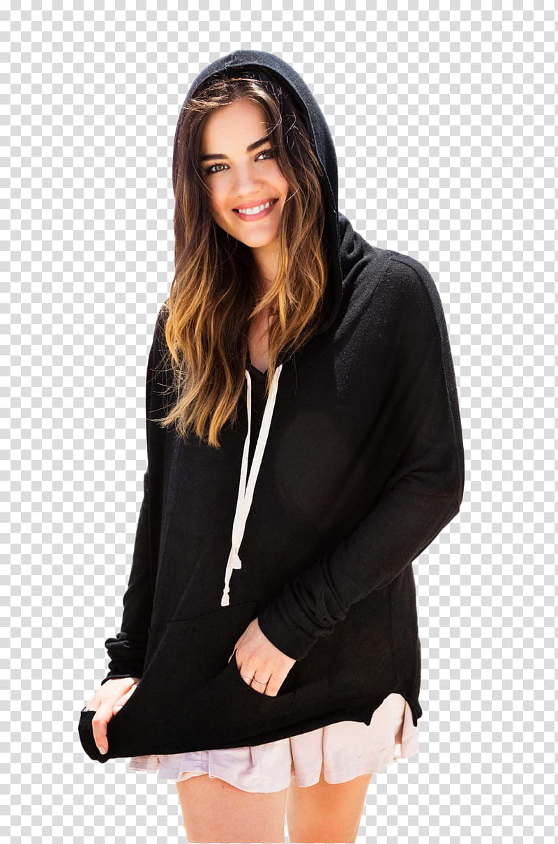 Lucy Hale, smiling woman wearing black hoodie transparent background PNG clipart