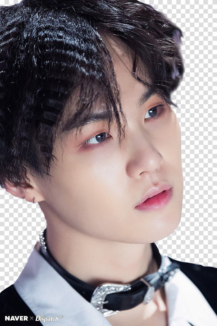 MIN YOONGI BTS, man in white collared top wearing belt choker transparent background PNG clipart