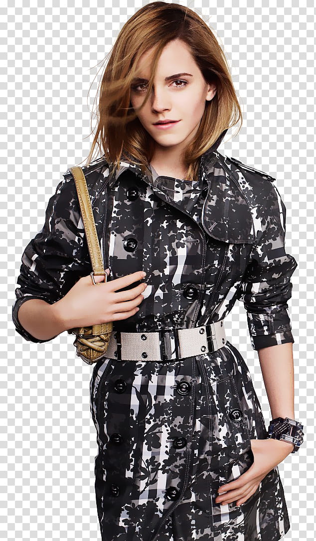 Emma Watson , Emma Watson wearing black and gray trench coat holding brown leather back transparent background PNG clipart