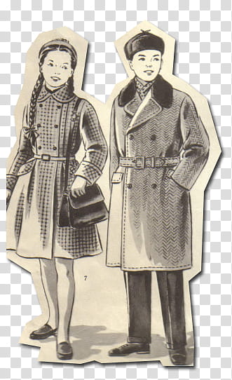 retro style from  s, man and woman wearing coat sketch transparent background PNG clipart