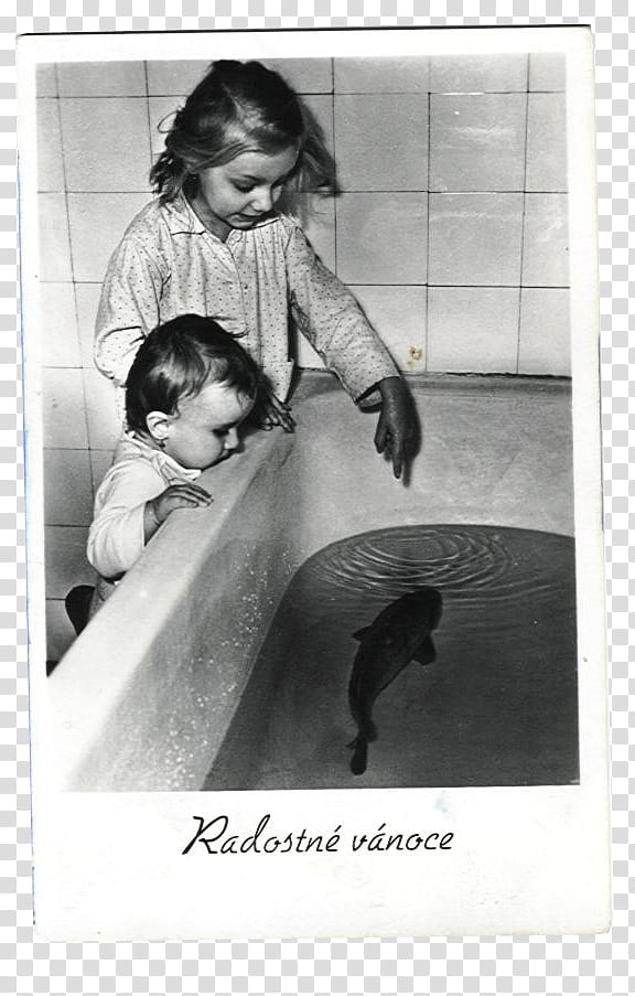 SET Postcards part, grayscale graphy of girl and toddler looking at fish in bathtub transparent background PNG clipart